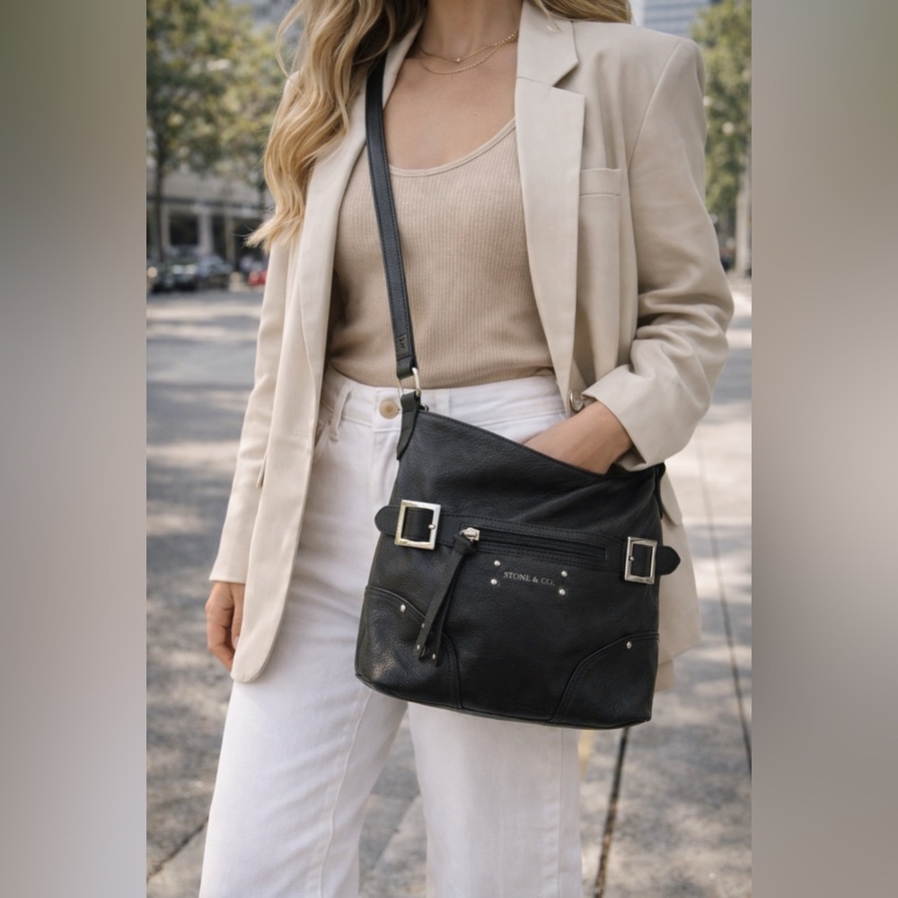 Stone & Co Black Pebbled Leather Crossbody Bag Silver Hardware Teal Lining - Picture 5 of 13